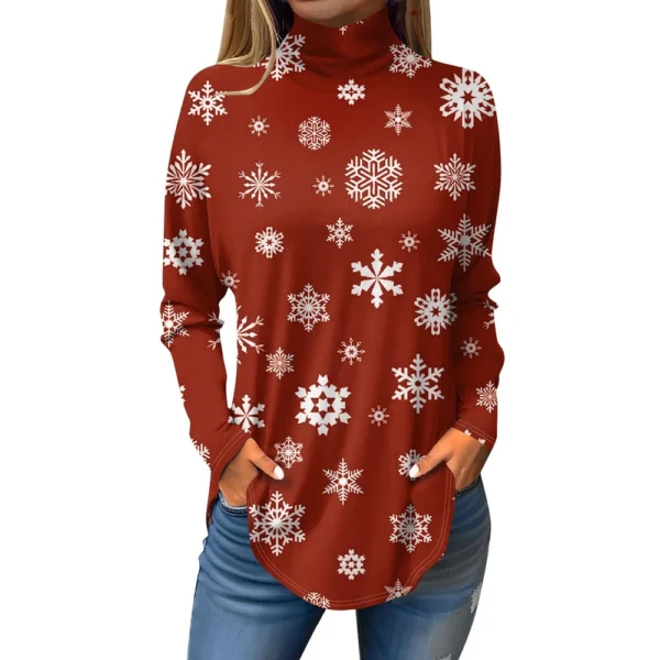 Women's Casual Printed High Neck Fashion Long Sleeve Pullover Christmas T-Shirt - Image 4