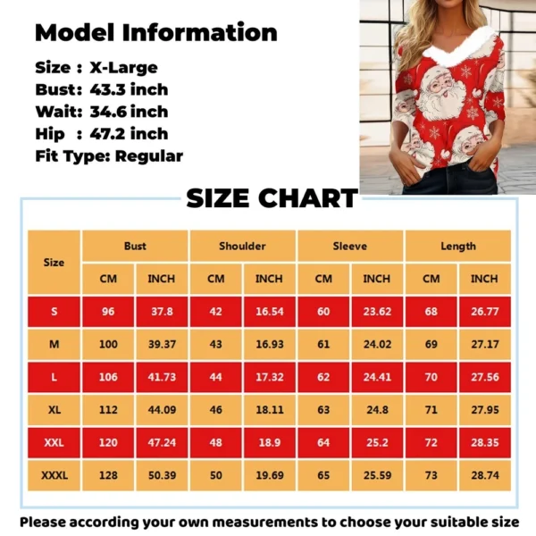 Women's Party Fleece Collar Shirt T Shirt Christmas Long Sleeve V Neck Top - Image 30