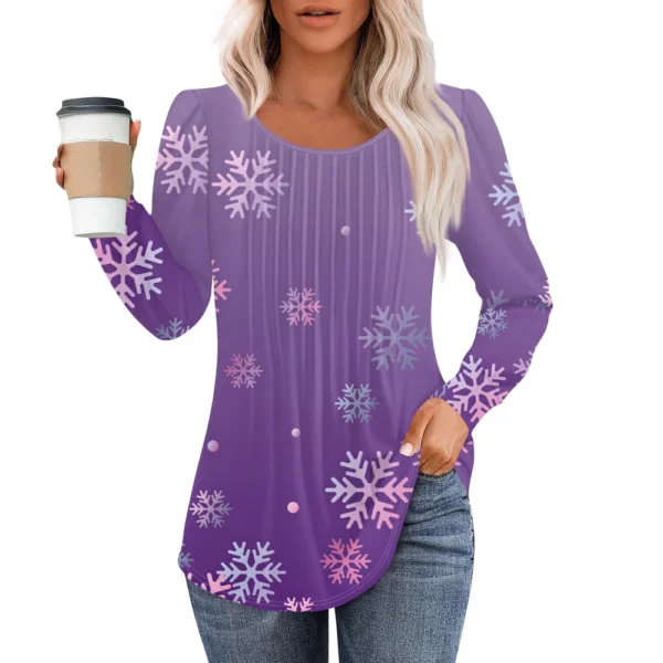 Women's Casual Christmas T-Shirt Round Neck Printed Pleated Long Sleeved Top - Image 35