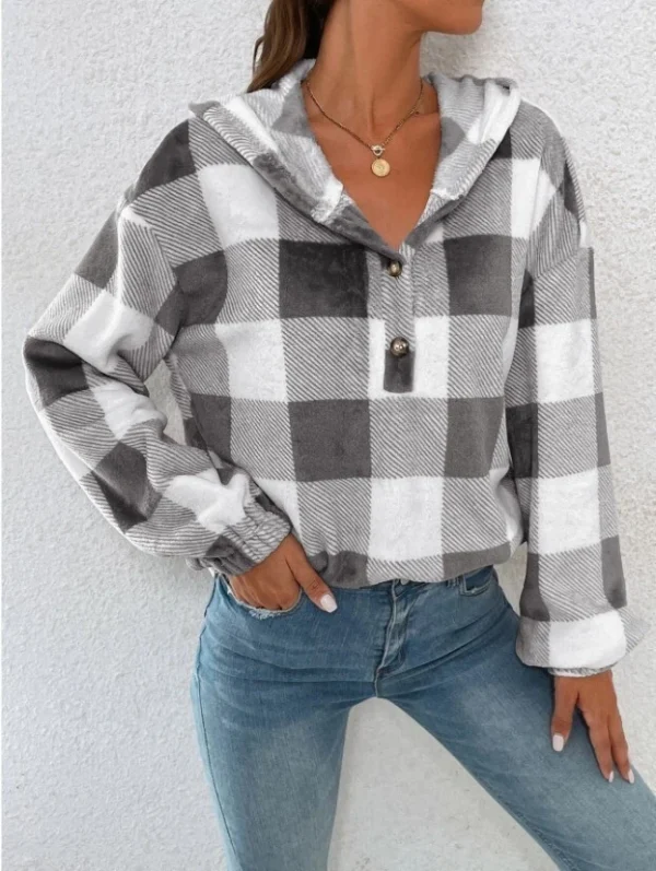 Button Hooded Plush Loose Casual Sweater Women's Clothing - Image 10