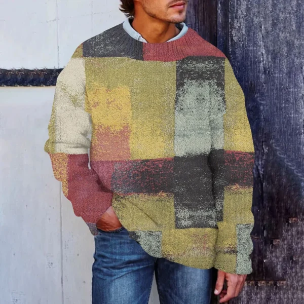Men'S Printed Synthetic Sweater Round Neck Sportswear Loose Long Sleeved Top - Image 19