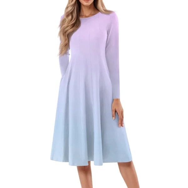 Women's Casual Fashion Round Neck Long Sleeve Print Midi Dress - Image 4