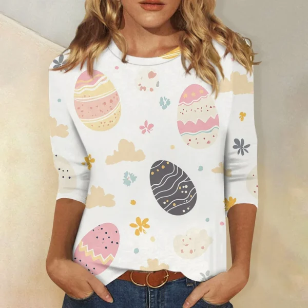 Women's Casual Fashion Easter Tops Plus Size Printed Basic 3/4 Sleeve Pullover - Image 25