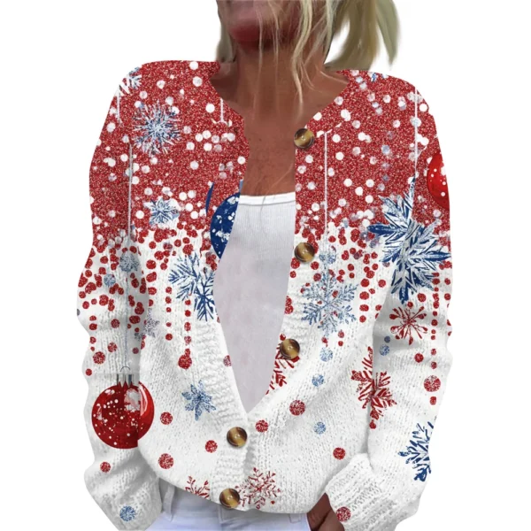 Women's Fashion Christmas Printed Long Sleeve Knitted Cardigan Button Down - Image 26