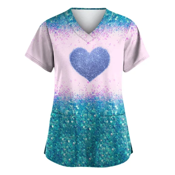 Women's Valentine's Day Printed  Uniform Work Uniform V-Neck Pocket Protective - Image 14