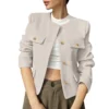 Women's Solid Color Round Neck Fashionable Button Decorated Short Jaket - Image 6