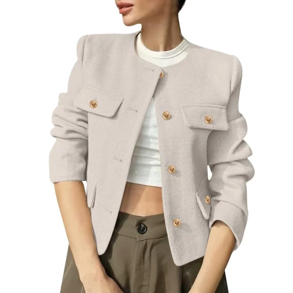 Women's Solid Color Round Neck Fashionable Button Decorated Short Jaket - Image 6