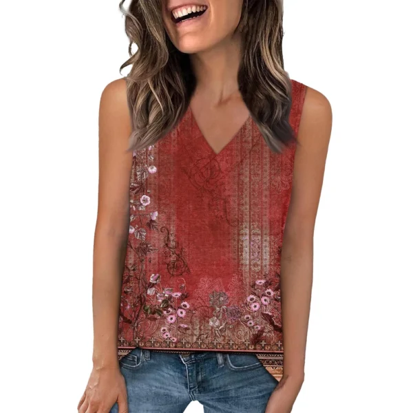 Tank Top Women Casual Printed Soft Summer V Neck Sleeveless Tops - Image 32