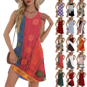 Women's Casual Sundress With Pockets Summer Boho Beach Dress T-Shirts Dress V