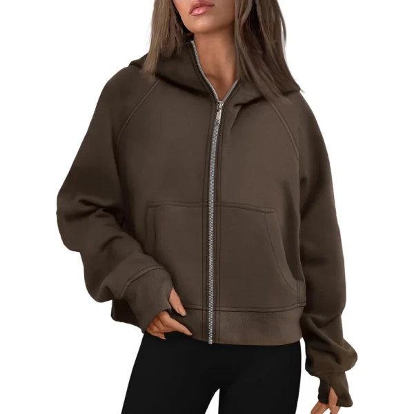 Women's Solid Color Zip-up Collar Hoodie With Sleeves And Fleece Hoodie Coat - Image 19