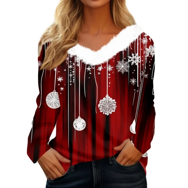 Women's Christmas Party V Neck T Shirt Fleece Collar Shirt Long Sleeve Top - Image 35