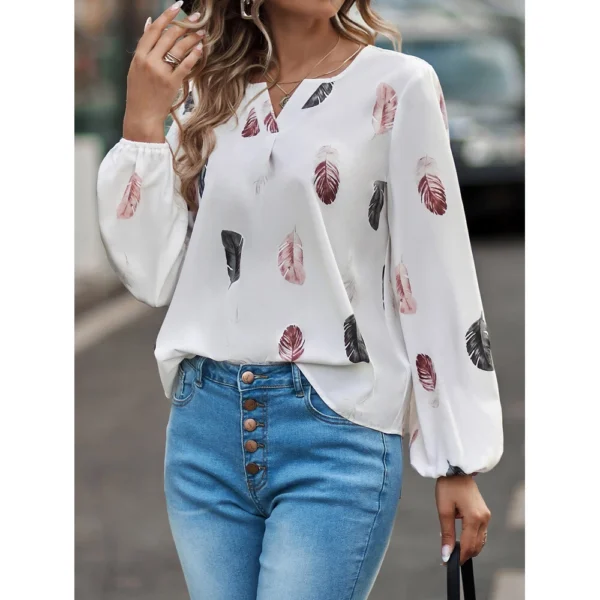 V-neck printed long-sleeved loose T-shirt women's top - Image 13
