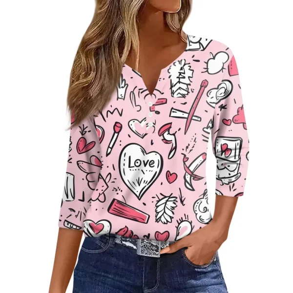 Women's T Shirt Tee Valentine's Day Print Button 3/4 Sleeve Daily Weekend - Image 4