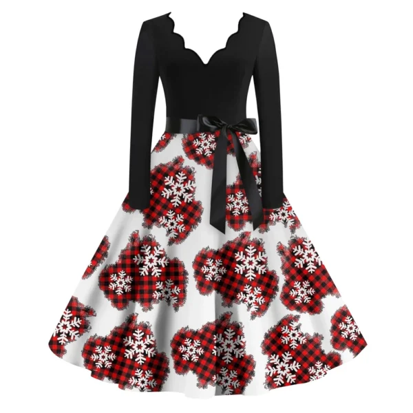Women's Casual V-Neck Fashion Christmas Slim Long Sleeve Printed Dresses - Image 34