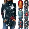 Women's Casual Pullover High Neck Christmas Long Sleeve Printed Fashion T-Shirt