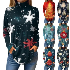 Women's Casual Pullover High Neck Christmas Long Sleeve Printed Fashion T-Shirt