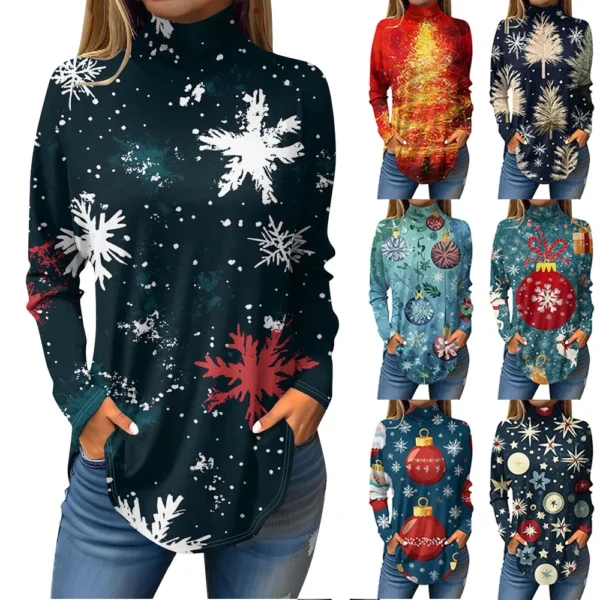 Women's Casual Pullover High Neck Christmas Long Sleeve Printed Fashion T-Shirt