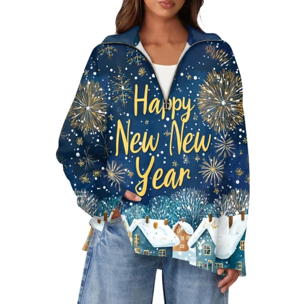 Women's Casual Half Zipper Lapel Christmas Printed Pullover Top Side Slit - Image 23