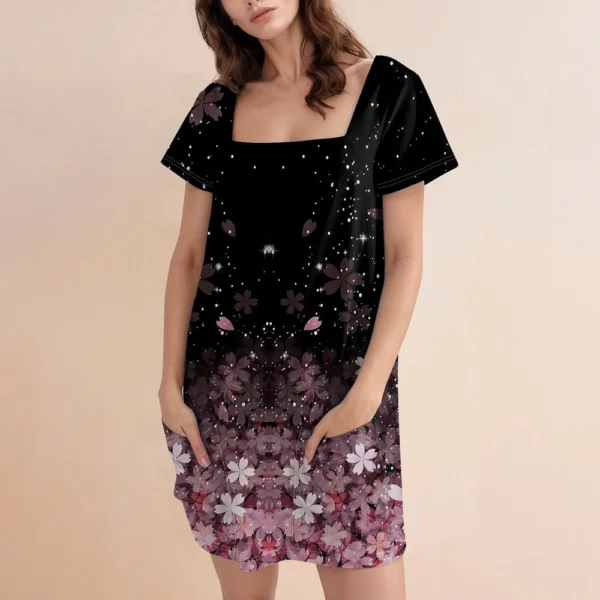 Women's Square Collar Short Sleeve Fashion Skirt Floral Print Pocket Casual - Image 16