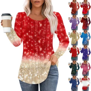 Women's Casual Christmas T-Shirt Round Neck Printed Pleated Long Sleeved Top
