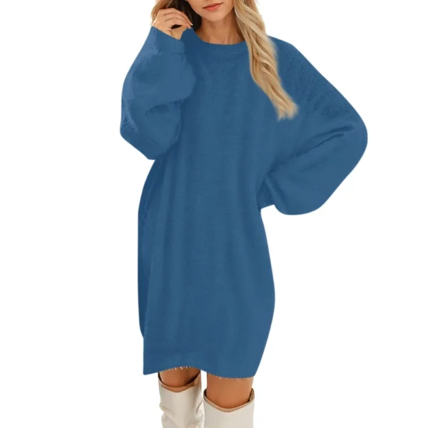 Women's Round Neck Casual Long Sleeve Plush Solid Color Dresses - Image 32