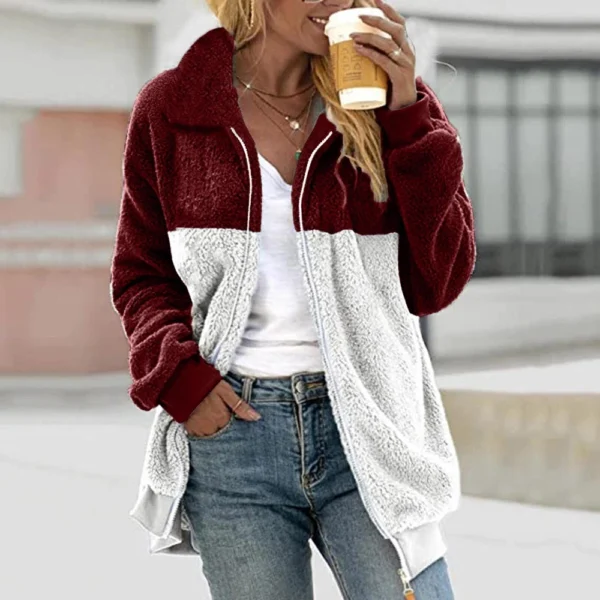 Women's Casual Color Blocking Loose Plush Zippered Flip Collar Jacket With - Image 28
