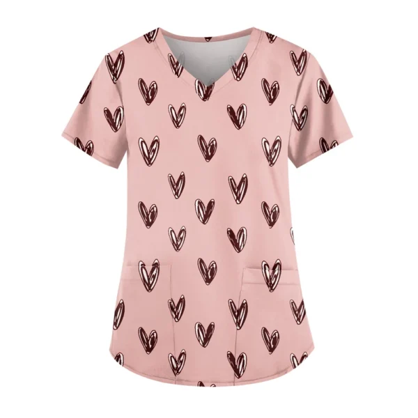 Women's Cute Printed Work Clothes V-neck Double Layer Pockets Basic Short - Image 25