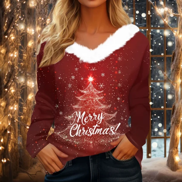 Women's Christmas Shirt Long Sleeve Top Fleece Collar Party V Neck T Shirt - Image 31