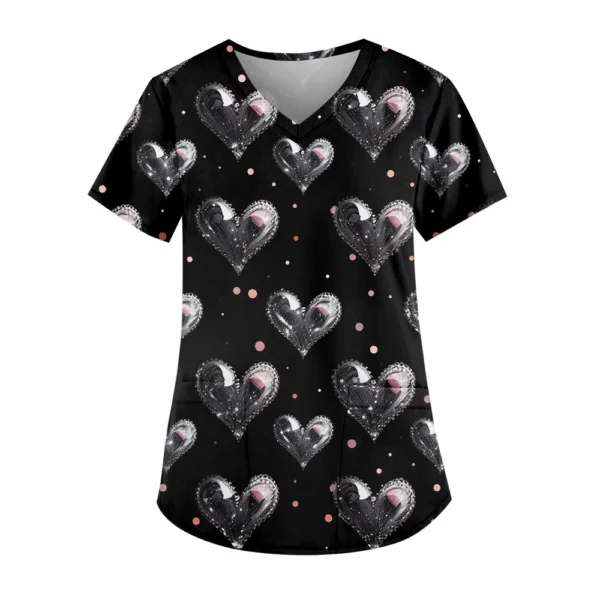 Women's Cute Printed Work Clothes V-neck Double Layer Pockets Basic Short - Image 20