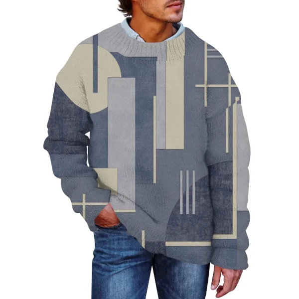 Men'S Printed Synthetic Sweater Round Neck Sportswear Loose Long Sleeved Top - Image 14