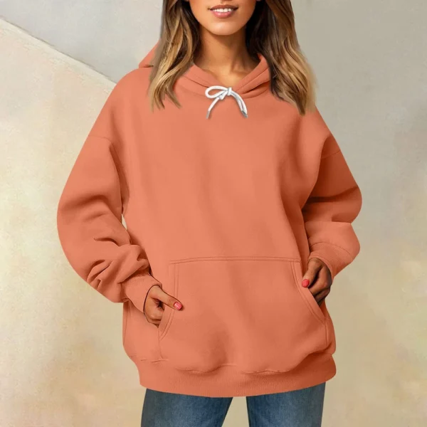 Ladies' Fashionable Casual Long Sleeved Round Neck Hooded Solid Color Hoodie - Image 37