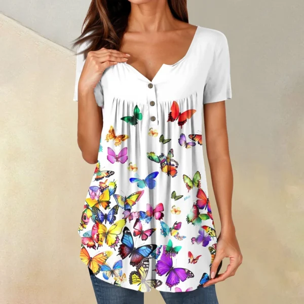 Women Tunic Tops Dressy Casual Summer Short Sleeve Shirts Loose Fit Pleated - Image 37