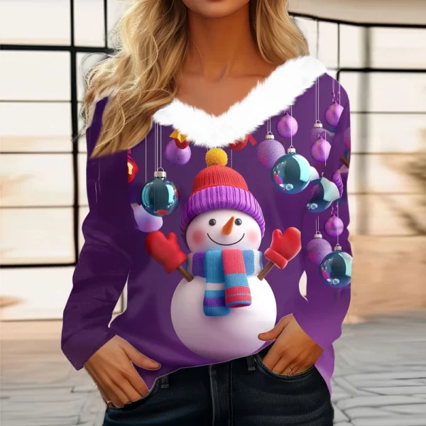 Women's Long Sleeve Christmas Printed Party Plush Neck Wide Casual V-Neck Top - Image 28