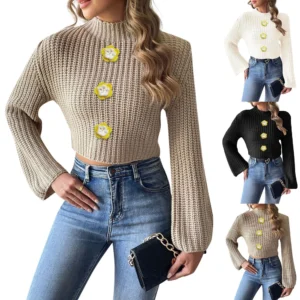 Women's  Fall And Winter Solid Colour Short Neckless Hand Crochet Flared Sleeve