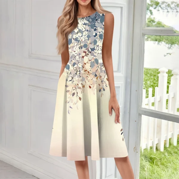 Women's Casual Fashion Floral Print Round Neck Sleeveless Solid Color Midi Dress - Image 16