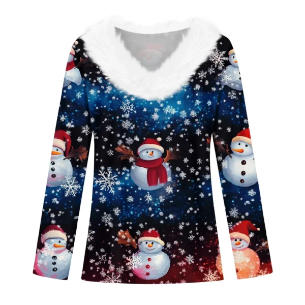Women's V Neck Party Fleece Collar Top Shirt Christmas Long Sleeve T Shirt - Image 12