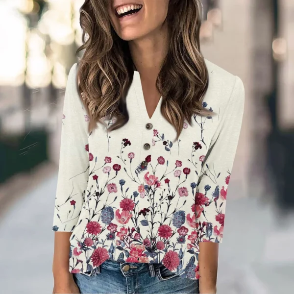 Women's Fashion Casual Loose 3/4 Sleeve Printed Round Neck Top - Image 31