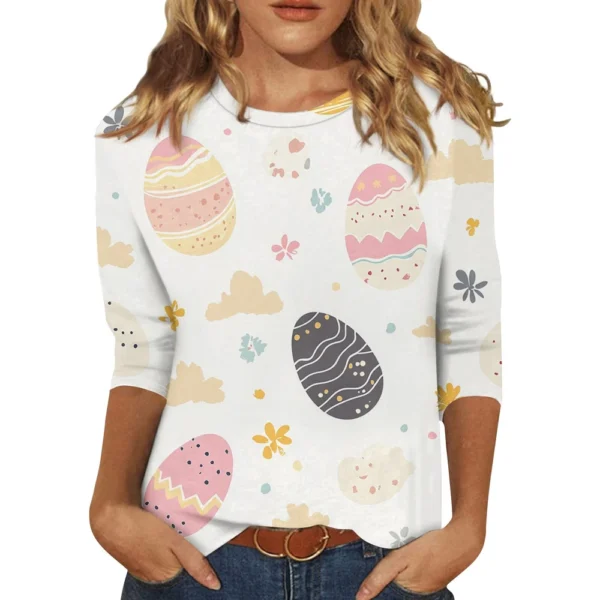 Women's Casual Fashion Easter Tops Plus Size Printed Basic 3/4 Sleeve Pullover - Image 26