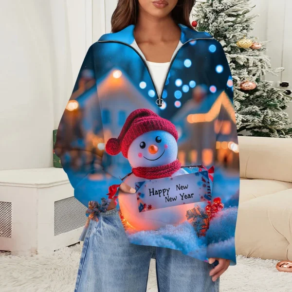 Women's Casual Half Zipper Lapel Christmas Printed Pullover Top Side Slit - Image 28