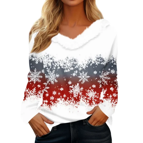 Women's Christmas Party V Neck T Shirt Fleece Collar Shirt Long Sleeve Top - Image 44