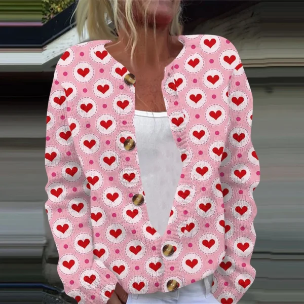 Women's Fashion Printed Valentine's Day Long Sleeved Knitted Cardigan Button - Image 13