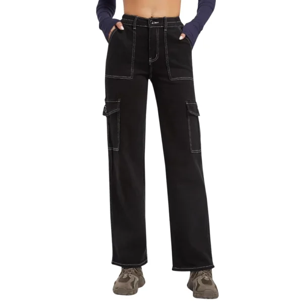 Blue Flower Pocket Plus Size Wide Leg Pants For Women Jeans - Image 13