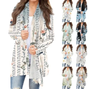 Women's Fashion Casual Vintage Floral Printed Mid-Length Cardigan Jacket
