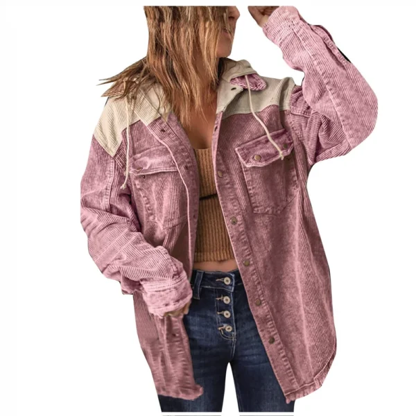 Women's Contrasting Splicing Double Pocket Hooded Jacket - Image 2