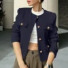 Women's Solid Color Round Neck Fashionable Button Decorated Short Jaket - Image 37
