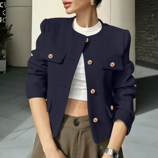 Women's Solid Color Round Neck Fashionable Button Decorated Short Jaket - Image 37