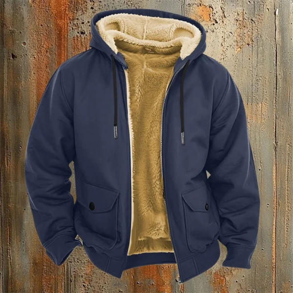 Men's Casual Zippered Pocket Hooded Jacket Men's Solid Color Fashion Warm Jacket - Image 40