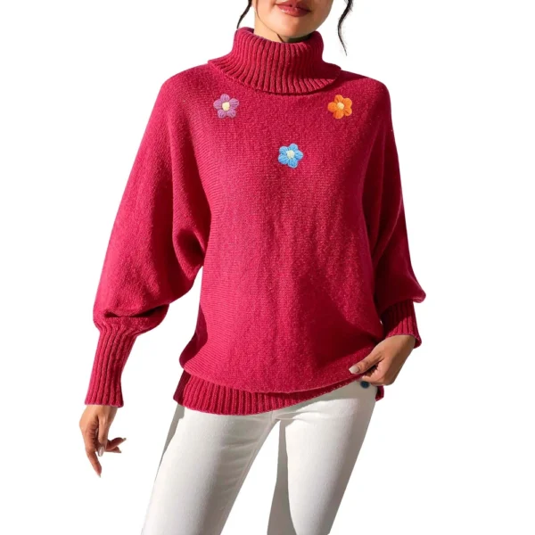 Women's  Fall And Winter Solid  Hand   Crochet Flower Splicing Turtleneck - Image 2