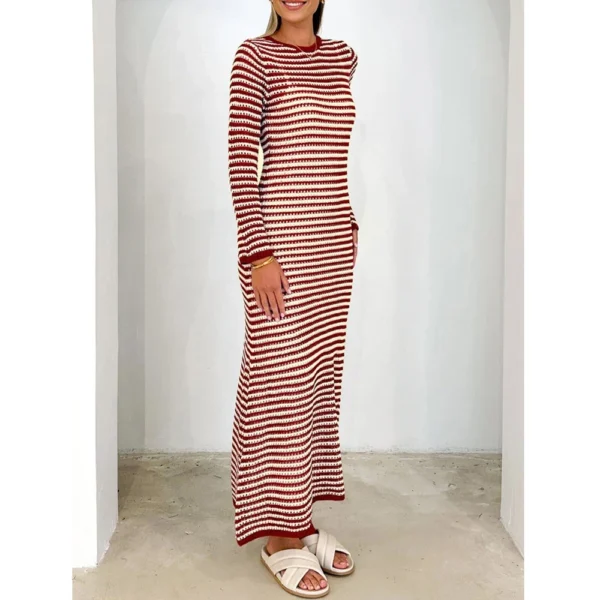 Women's Casual Striped Long Sleeved Sweater Dress, Mid Length Dress, Slim Fit - Image 12