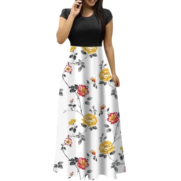 Women's Fashion Casual Loose Printed Round Neck Short Sleeve Long Dresses - Image 5